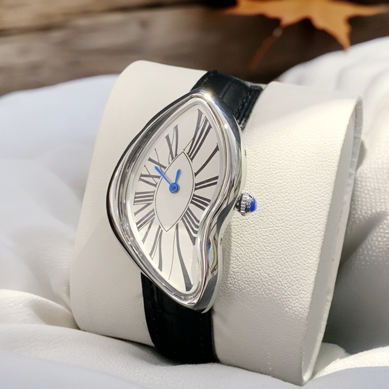 Leather Watch Band Men - นาฬิกาคนต่างด้าวในยุคกลางละลายและบิด y2k คนต่างด้าวสุภาพสตรีและผู้ชายสายหนังแฟชั่นขั้นสูง ins การออกแบบเฉพาะนาฬิกาควอทซ์