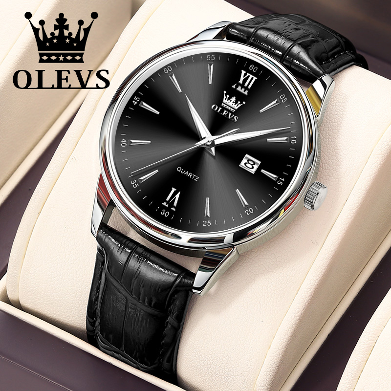 Leather Watch Band Men - OLEVS นาฬิกาควอตซ์สำหรับผู้ชาย, นาฬิกาควอทซ์สายหนังกันน้ำแนวธุรกิจที่ทันสมัยบางเฉียบ6.5มม. หน้าปัดวันที่หรูหรานาฬิกาข้อมือสำหรับผู้ชายแบรนด์หรู